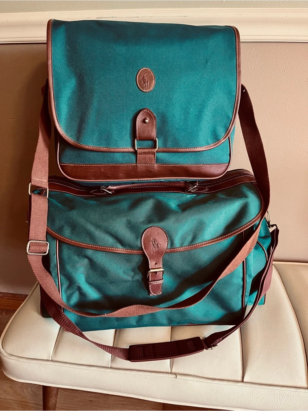 Vtg 90s Polo Ralph Lauren green Luggage Set of 2 Pieces messenger and weekender